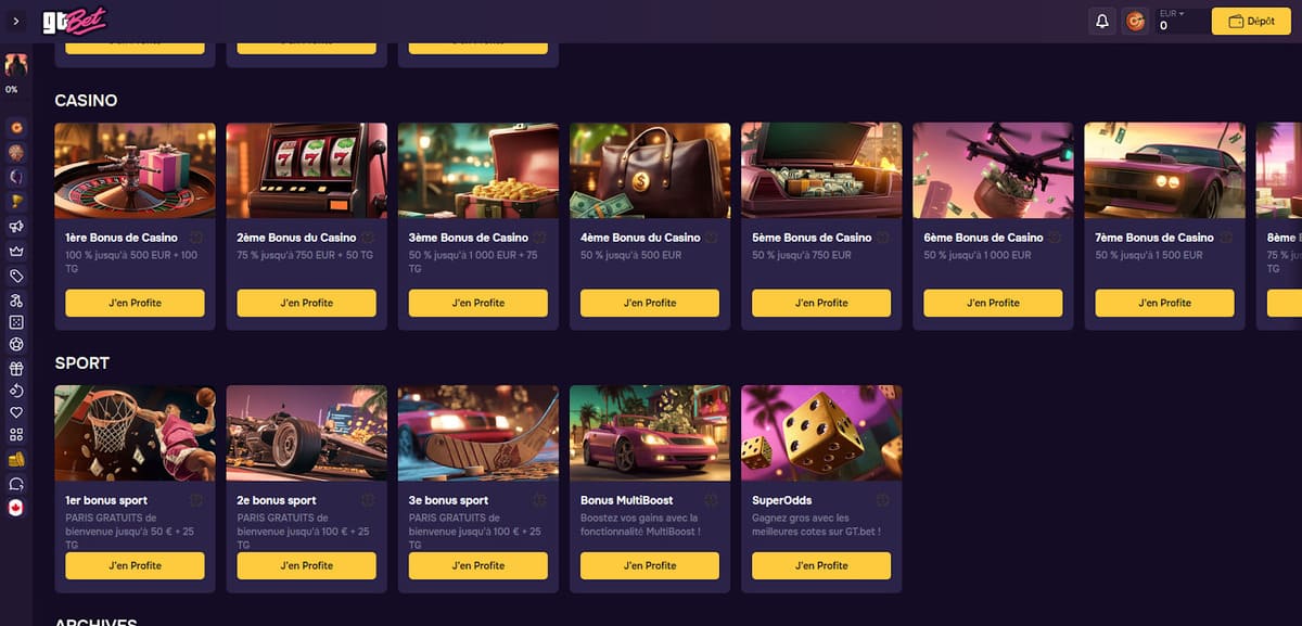 Banner del bono de bienvenida de GT Bet Casino tal como lo ve el jugador antes de aceptar