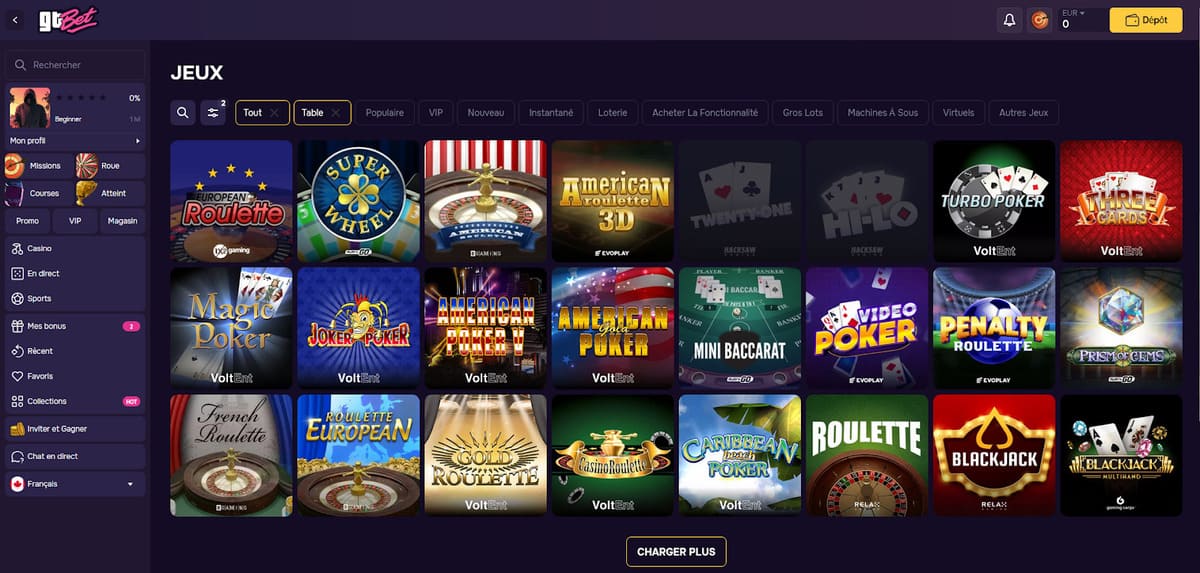 Mesas de blackjack, ruleta y baccarat de GT Bet vistas desde la versión móvil